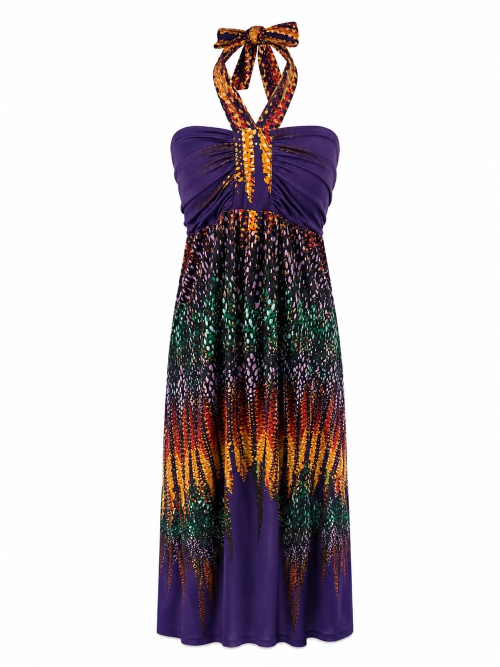 JFW Purple Halter Maxi Dress 1X Abstract Print Stretch Boho Resort